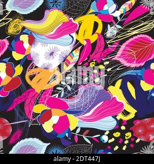 Seamless Abstract vector background with fantastic objects and shapes on a bright background. Design example Stock Vector