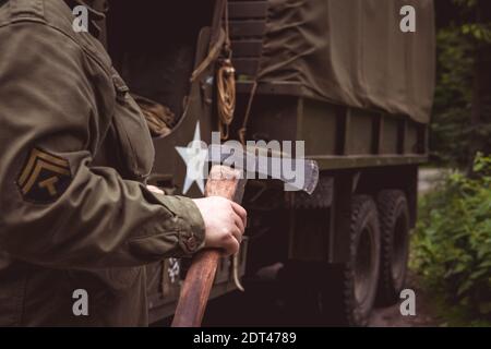 detail of an old army car for the transport of a soldier Stock Photo