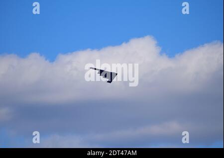 B-2 Spirit stealth bomber conducting a flyover salute to healthcare workers during Operation American Resolve Stock Photo