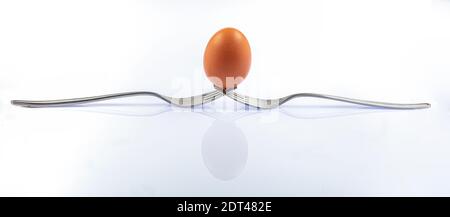 Still life photography. Two forks together create a case for a white egg that balances on them. Egg balanced on forks with white background. Stock Photo