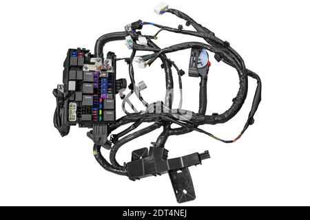 new car fuse box with wiring on white background Stock Photo