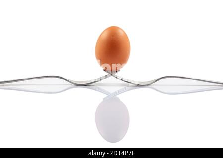 Still life photography. Two forks together create a case for a white egg that balances on them. Egg balanced on forks with white background. Stock Photo