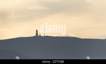 view on taunus feldberg with tower at sunset, frankfurt, germany Stock Photo