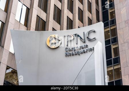 Pittsburgh, Pennsylvania, USA - January 11, 2020: PNC bank sign outside their corporation headquarters in Pittsburgh, USA Stock Photo