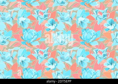 Vector floral seamless pattern. Blue roses, pink, orange and blue leaves Stock Vector