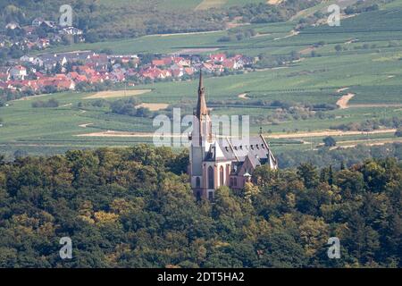 view on saint rochus chapel from hiking train to niederwald statue in ruedesheim, rhine valley, germany Stock Photo