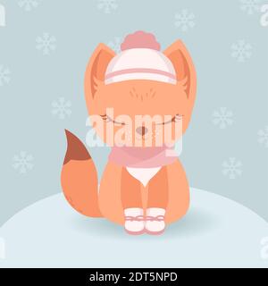 Cute vector winter orange fox in pink scarf, hat and boots sitting on snow.  Childish cartoon New Year illustration with cheerful animal for greeting Stock Vector