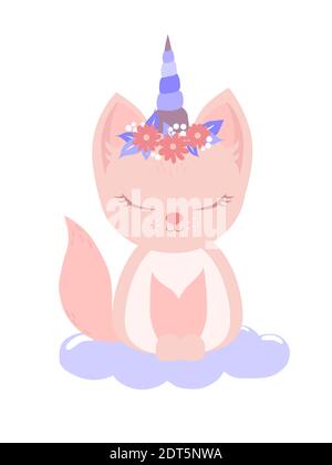 Lovely sleeping kitten with closed eyes. Cute vector illustration with pink cat with unicorn horn. It can be used for sticker, patch, phone case Stock Vector