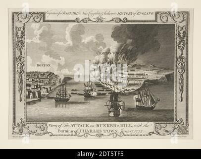 Engraver: John Lodge, British, active 1774–96, After: George Henry Millar, British, late 18th century, View of the attack on Bunker’s Hill, with the Burning of Charlestown, June 17, 1775, ca. 1783, Line engraving by Lodge - black and white, sheet: 23 × 32 cm (9 1/16 × 12 5/8 in.), Made in United States, American, 18th–19th century, Works on Paper - Prints Stock Photo