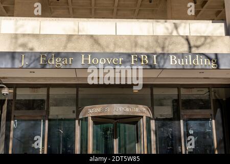 Sign of Federal Bureau of Investigation (FBI) above the  entrance to their headquarters building in Washington, DC. Stock Photo