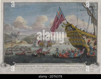 Artist: John Brooks, Irish, active 1730–56, After: J. Stevens, American, A View of the Landing of the New England Forces in ye Expedition against Cape Breton, 1745, Colored line engraving, sheet: 38.4 × 52.1 cm (15 1/8 × 20 1/2 in.), Irish, 18th century, Works on Paper - Prints Stock Photo