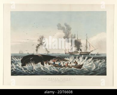 Artist: Currier &amp; Ives, American, active 1834–1907, The Whale Fishery:/ Attacking a Sperm Whale…and Cutting in, Lithographed, hand-colored, sheet: 40.8 × 60.2 cm (16 1/16 × 23 11/16 in.), Made in United States, American, 19th century, Works on Paper - Prints Stock Photo