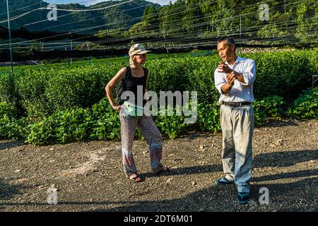 Kiyomi Uchino talks with food journalist Angela Berg on a path between the fields of his Sansuien tea farm near Shizuoka, Japan. Stock Photo