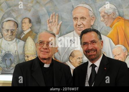 Vatican Spokesman Federico Lombardi and Rabbi David Rosen, AJC International Director of Interreligious Affairs attend a press conference after Pope Francis Received American Jewish Committee (AJC) Leadership Delegation at Vatican on February 13, 2014. A pioneer in advancing Catholic-Jewish relations over many decades, AJC enjoys close, cooperative relations with the Vatican, as well as with American Catholic leadership. 'I am very grateful to you for the distinguished contribution you have made to dialogue and fraternity between Jews and Catholics,' Pope Francis said. Photo by Eric Vandeville Stock Photo
