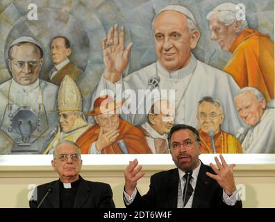 Vatican Spokesman Federico Lombardi and Rabbi David Rosen, AJC International Director of Interreligious Affairs attend a press conference after Pope Francis Received American Jewish Committee (AJC) Leadership Delegation at Vatican on February 13, 2014. A pioneer in advancing Catholic-Jewish relations over many decades, AJC enjoys close, cooperative relations with the Vatican, as well as with American Catholic leadership. 'I am very grateful to you for the distinguished contribution you have made to dialogue and fraternity between Jews and Catholics,' Pope Francis said. Photo by Eric Vandeville Stock Photo