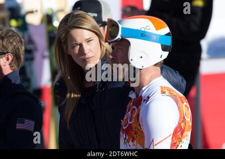 USA skier Bode Miller talks to his wife Morgan Beck after a Men's Alpine Skiing Super Combined Downhill during the Sochi Winter Olympics at the Rosa Khutor Alpine Center in Sochi, Russia on February 13, 2014. The Sochi 2014 Olympic Games run from 07 to 23 February 2014. Photo by Nicolas Gouhier/ABACAPRESS.COM Stock Photo