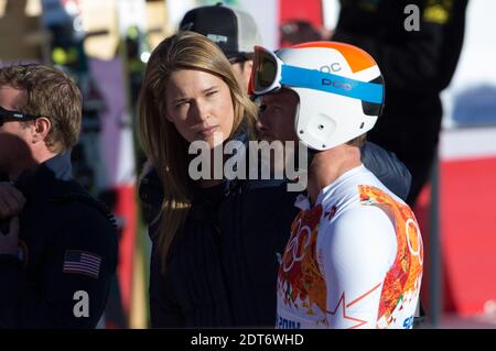 USA skier Bode Miller talks to his wife Morgan Beck after a Men's Alpine Skiing Super Combined Downhill during the Sochi Winter Olympics at the Rosa Khutor Alpine Center in Sochi, Russia on February 13, 2014. The Sochi 2014 Olympic Games run from 07 to 23 February 2014. Photo by Nicolas Gouhier/ABACAPRESS.COM Stock Photo