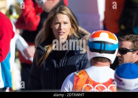 USA skier Bode Miller talks to his wife Morgan Beck after a Men's Alpine Skiing Super Combined Downhill during the Sochi Winter Olympics at the Rosa Khutor Alpine Center in Sochi, Russia on February 13, 2014. The Sochi 2014 Olympic Games run from 07 to 23 February 2014. Photo by Nicolas Gouhier/ABACAPRESS.COM Stock Photo