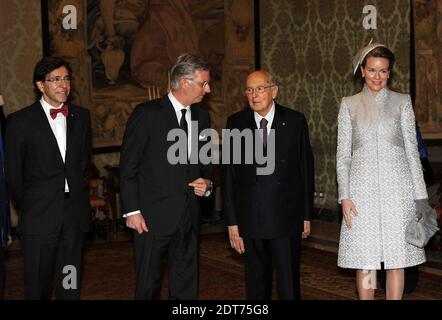 King Philippe of Belgium and Queen Mathilde meet Italian President Giorgio Napolitano at the Quirinale palace during their one-day visit in Rome, Italy on February 19, 2014. Right : the Prime Minister of Belgium, Elio Di Rupo. Photo by Eric Vandeville/ABACAPRESS.COM Stock Photo