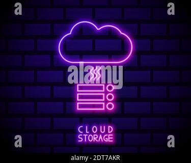 Neon cloud hosting icon. Glowing neon cloud service, online datacenter in vivid colors. SaaS solution, computing center, data exchange platform. Icon Stock Vector
