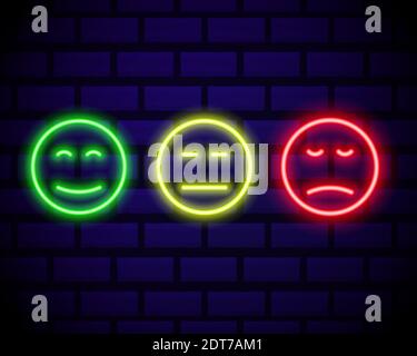 Set of neon smile emoticons isolated on dark brick wall background. Line icons. Happy and unhappy smileys. Emoji set. Colours emoji set. Vector illust Stock Vector