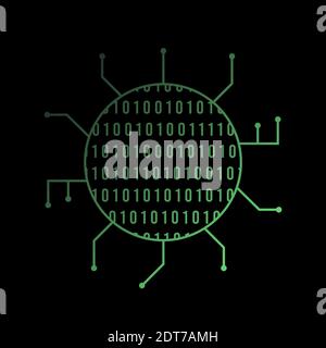 Binary code. Bright icon . Binary icon . Isolated on dark background . Green numbers . Network concept. Stock Vector