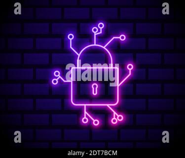 Cyber Security icon with padlock icon, data protection concept . VPN glowing icon. Isolated on dark brick wall background. Stock Vector