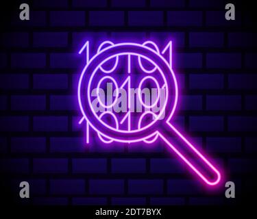 Binary code. Glowing neon icon . Binary icon with magnifier . Isolated on dark brick wall background. Stock Vector