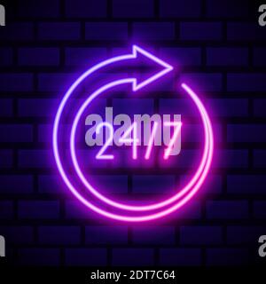 Open around the clock - 24 hours a day, 7 days a week sign, vector blue luminous illustration isolated on dark brick wall background. Stock Vector