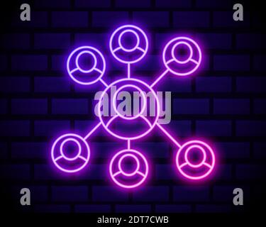 Neon light. Group line icon. Users or Teamwork sign. Person silhouette symbol. Glowing graphic design. Brick wall. Vector. Stock Vector