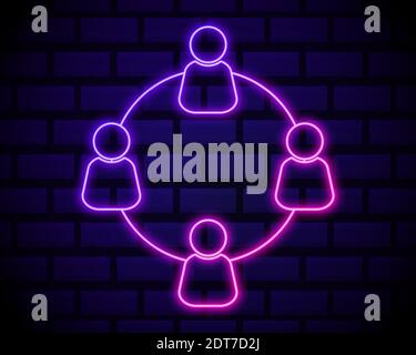 Neon light. Group line icon. Users or Teamwork sign. Person silhouette symbol. Glowing graphic design. Brick wall. Vector. Stock Vector