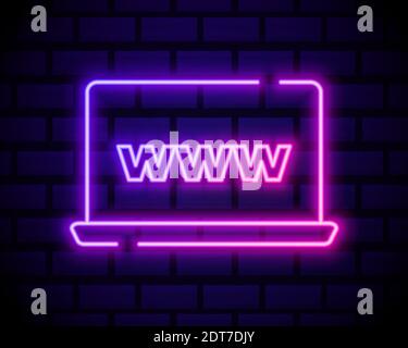 Laptop or notebook computer icon. Colour neon style on dark brick wall background. Light icon. Stock Vector