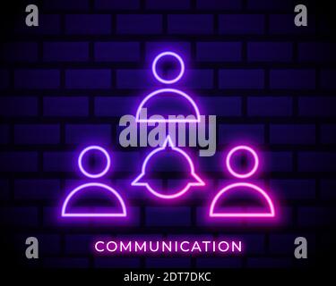 Neon light. Group line icon. Users or Teamwork sign. Person silhouette symbol. Glowing graphic design. Brick wall. Vector. Stock Vector