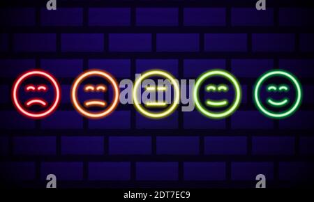 Set of neon smile emoticons isolated on dark brick wall background. Line icons. Happy and unhappy smileys. Emoji set. Colours emoji set. Vector illust Stock Vector
