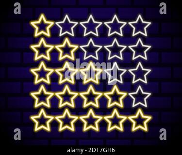 Five yellow neon stars rating design element isolated on dark brick wall background. Vector neon star shapes for ranking interface Stock Vector