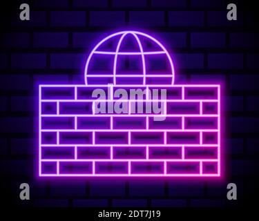 Glowing neon line Firewall, security wall icon isolated on brick wall background. Vector Illustration. Stock Vector