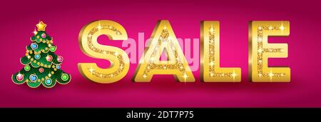 Vector luxury Sale banner for jewelry store. Gold glitter shiny inscription Sale on pink background with Christmas tree and toys, precious stones and Stock Vector