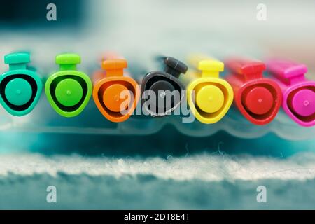 Multicolored felt-tip drawing pens close-up and blurred background.To school. Stock Photo