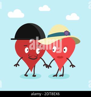 Two cute hearts in love with elegant hats and holding hands. Valentines day holiday concept. Flat and simple style vector illustration Stock Vector