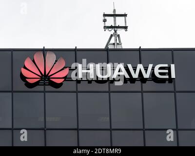 Huawei sign on the building in Kanata, Ontario, Canada. Stock Photo