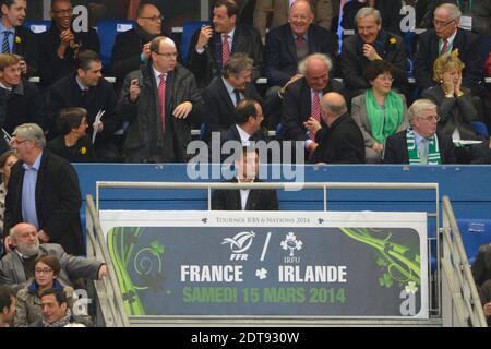 President Francois Hollande, Prince Albert of Monaco and the all Presidential Tribune during Rugby RBS 6 Nations Tournament , France vs Ireland, in St-Denis, France, on March 15th, 2014. Ireland won 22-20. Photo by Henri Szwarc/ABACAPRESS.COM Stock Photo