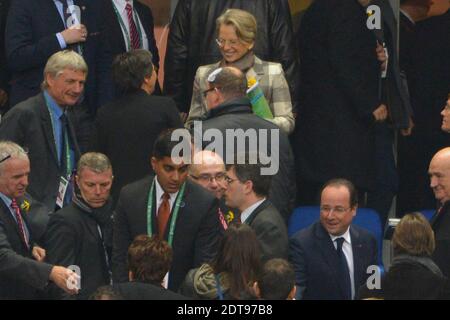 President Francois Hollande, Prince Albert of Monaco and the all Presidential Tribune during Rugby RBS 6 Nations Tournament , France Vs Ireland, at Stade de France in Saint-Denis suburb of Paris, France, on March 15th, 2014. Ireland won 22-20. Photo by Henri Szwarc/ABACAPRESS.COM Stock Photo