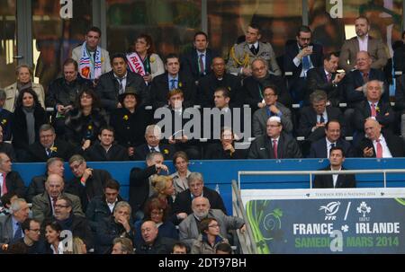 Michele Alliot-Marie (Left up),President Francois Hollande, Prince Albert of Monaco and the all Presidential Tribune during Rugby RBS 6 Nations Tournament , France Vs Ireland, at Stade de France in Saint-Denis suburb of Paris, France, on March 15th, 2014. Ireland won 22-20. Photo by Henri Szwarc/ABACAPRESS.COM Stock Photo