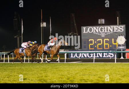 Britain's jockey Ryan Moore on his horse Gentildonna (R) competes before winning the Dubai Sheeba Classic race held on Dubai World Cup day on March 29, 2013 at Meydan racecourse in Dubai, United Arab Emirates. A cosmopolitan gathering of horses from seven different countries contest the US$10 million Emirates Dubai World Cup at Meydan racecourse. Photo by Khaled Salem/ABACAPRESS.COM Stock Photo