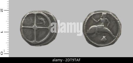 Mint: Tarentum, Nomos from Tarentum, 480–470 B.C., Silver, 7.84 g, 18 mm, Made in Tarentum, Calabria, Greek, 5th century B.C., Numismatics Stock Photo