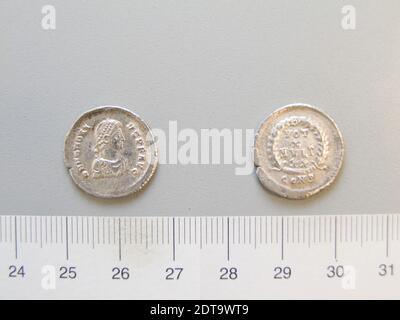 Ruler: Honorius, Flavius, Emperor of Rome, A.D. 384–423, ruled 393–423, Mint: Constantinople, 1 Siliqua of Honorius, Flavius, Emperor of Rome from Constantinople, 392–95, Silver, 1.77 g, 7:00, 16.5 mm, Made in Constantinople, Roman, 4th century, Numismatics Stock Photo