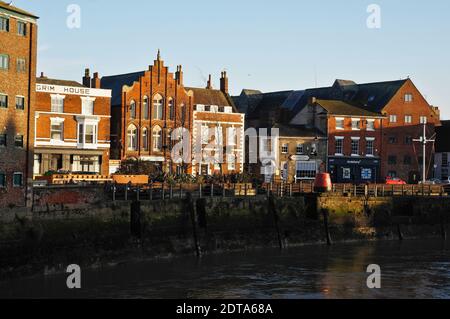 View of South square with Dutch-style buildings from the opposite side of the river Haven. Stock Photo