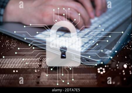 The hand of a person using a USB memory. Cyber Information Protection Concept. Stock Photo