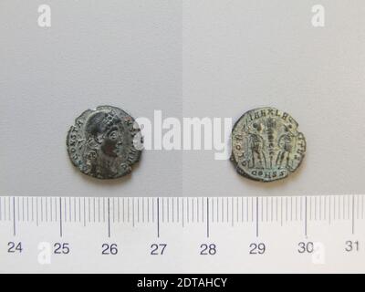 Ruler: Constans I, Emperor of Rome, ca. A.D. 323–350, ruled 337–50, Mint: Constantinople, 1 Nummus of Constans I, Emperor of Rome from Constantinople, 337–40, Argentiferous bronze, 1.35 g, 12:00, 15.6 mm, Made in Constantinople, Roman, 4th century, Numismatics Stock Photo