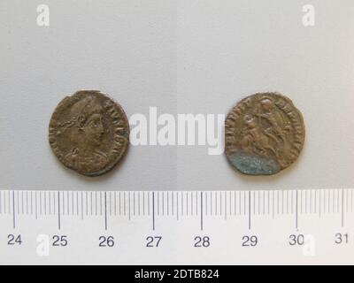 Ruler: Constantius II, Emperor of Rome, A.D. 317–361, ruled A.D. 337–61, Mint: Siscia, 1 Nummus of Constantius II, Emperor of Rome from Siscia, 348–50, Copper, 2.17 g, 12:00, 18 mm, Made in Siscia, Pannonia, Roman, 4th century, Numismatics Stock Photo